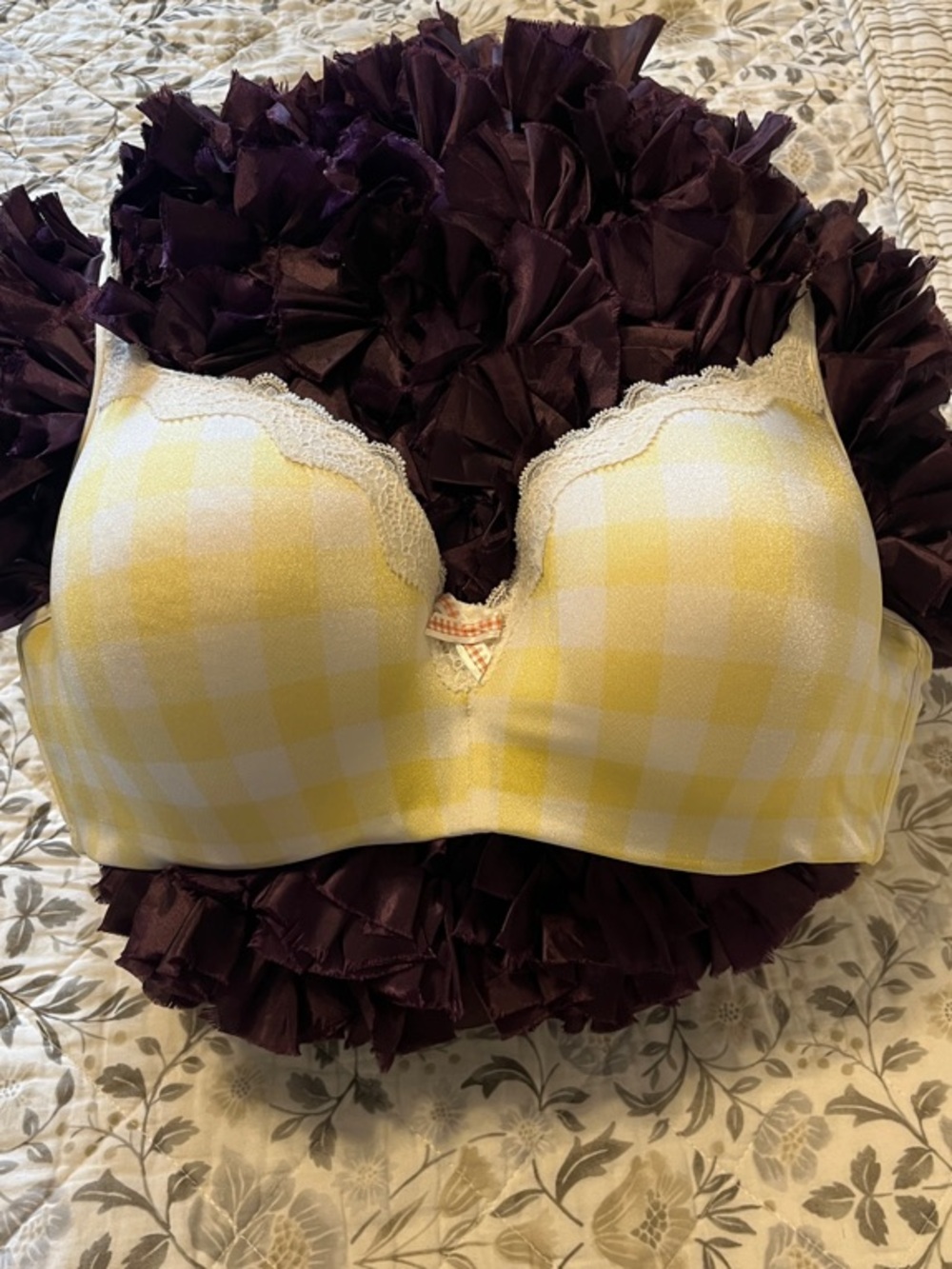 Deesse Lingerie Yellow Gingham Padded Bra with Lace Trim